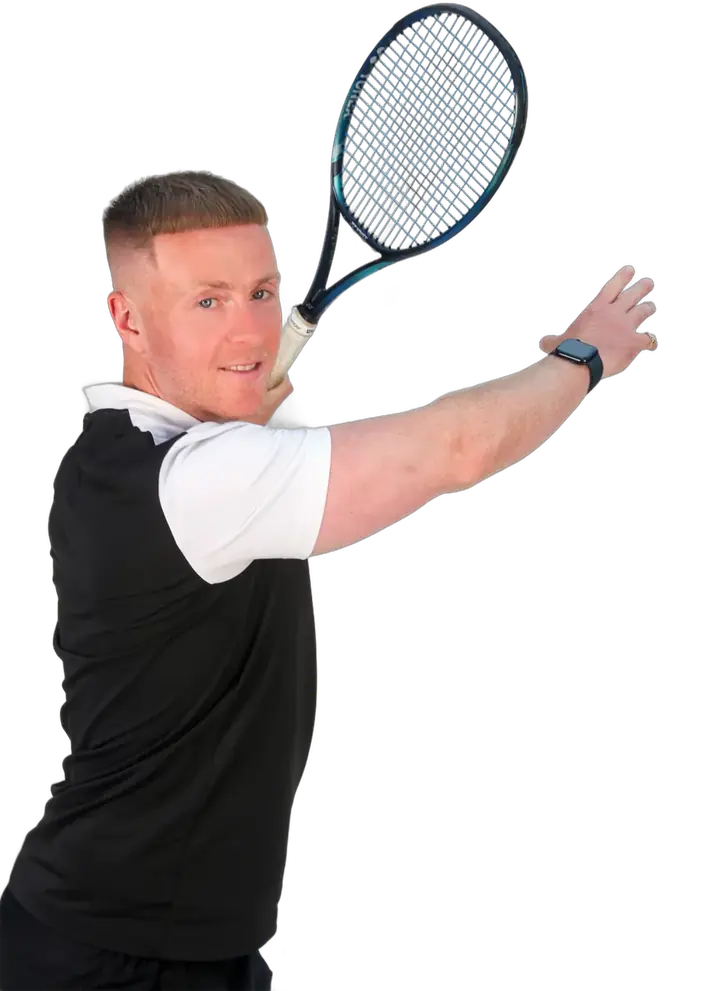 Max Brazier demonstrating a forehand during a tennis lesson